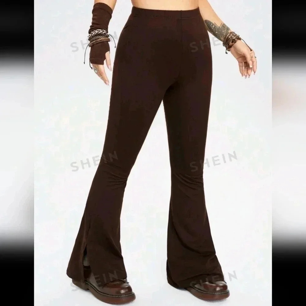 Brown bell bottom split leg soft pants women's Large 8 10 cottage core floral cu